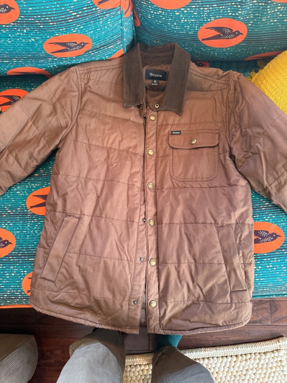 Brixton Men's Brown Quilted Puffer Jacket with Corduroy Collar
